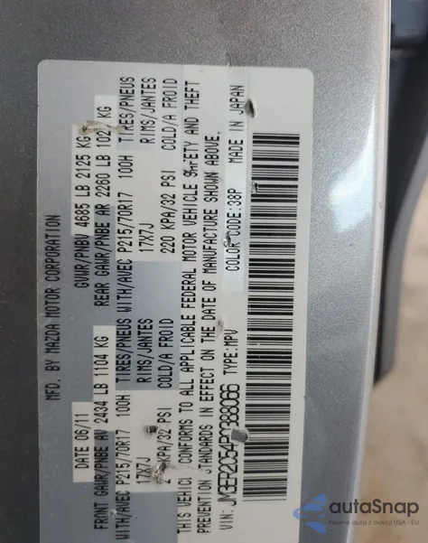 2011 Mazda Cx-7 из США, поврежденный, VIN JM3ER2C54B0388066